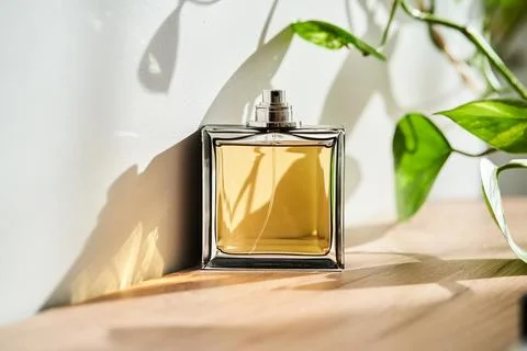 A bottle of perfume in the rays of the sun. Stock Photos