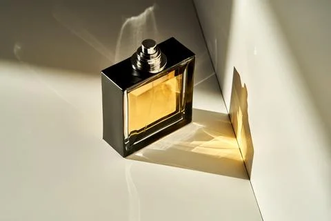A bottle of perfume in the rays of the sun. Stock Photos