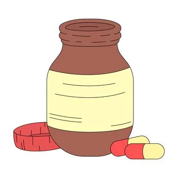 A bottle of pills in cartoon style. Vector illustration isolated on white Ilustración de archivo