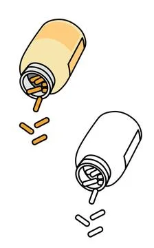 A bottle of pills Falling down issolated on white. Medicine drop Stock Illustration