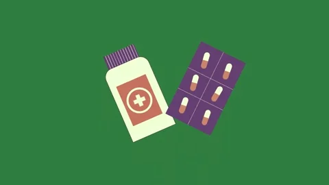 Bottle of pills next to pill two one an illustration purple orange design Vídeos de archivo 337028849