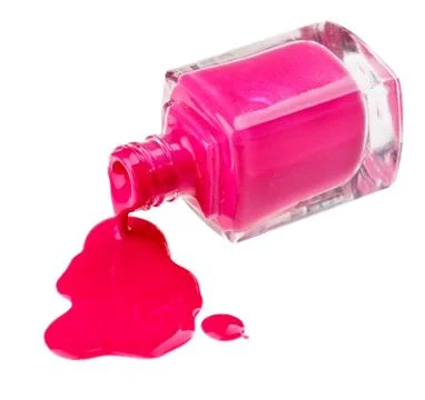 Bottle of pink nail polish with enamel drop samples, isolated on white Stock-Fotos