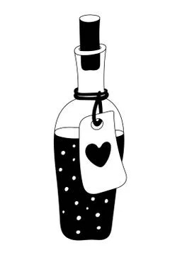 Bottle of potion or love drink decorated with heart label doodle. Stock Illustration
