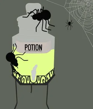 A bottle of potion with spiders on it on a green background - Halloween illus Stock Illustration
