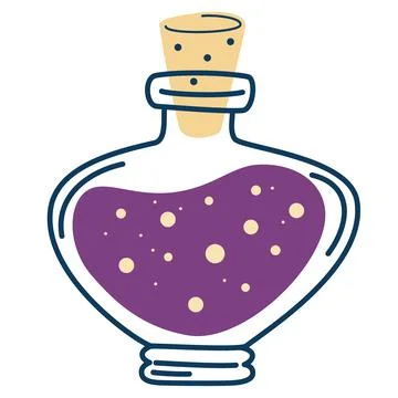 Bottle with potions. Magic elixir. Love potion. Bottle and vial with alchemic Stock Illustration