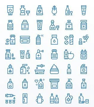Bottle Professional Vector Set with 42 Regular Line Pixel Aligned 64x64 Icons Illustrazione stock