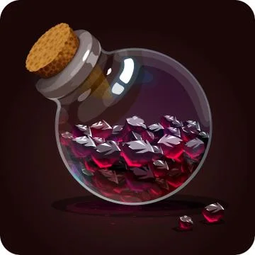 Bottle with red crystals.Game icon of magic elixir. Stock Illustration