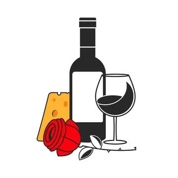 Bottle of red wine and a bottle of orange wine, wine in glasses, cheese and g Stock Illustration