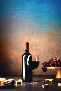 Bottle of red wine and a glass full of wine served for tasting with snacks Stock Photos