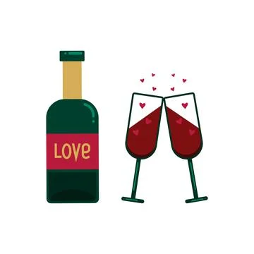 Bottle of red wine and two glasses and pink hearts. Vector illustration in flat Stock Illustration
