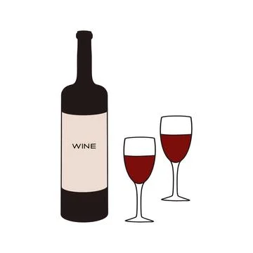 A bottle of red wine with two filled glasses on a simple background Stock Illustration