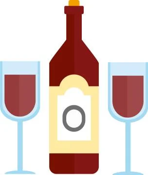 Bottle of red wine with two full glasses. Vector image. Stock Illustration