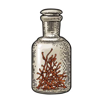 Bottle with saffron dry threads. Vintage vector color engraving illustration. Stock Illustration