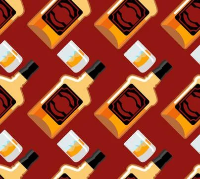 Bottle Scotch seamless pattern. Glass of whiskey and ice ornament. bourbon .. Stock Illustration