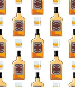 Bottle Scotch seamless pattern. Glass of whiskey and ice ornament. bourbon .. Illustrazione stock