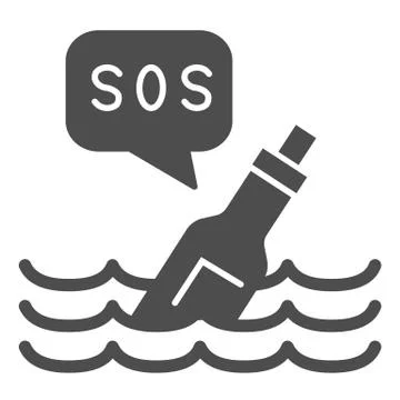 Bottle with sos message solid icon, ocean concept, Bottle on wave sign on white Stock Illustration