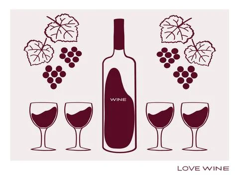 A bottle of strong red wine accompanied by glasses and grapes arranged on a Stock Illustration