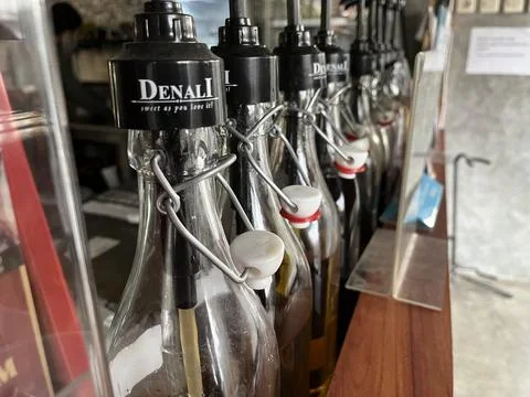 Bottle syrup for adding different flavor into a coffee Stock Photos