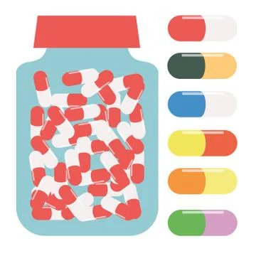 Bottle for tablets, packaging for tablets, container for pills, pills in di.. Illustrazione stock