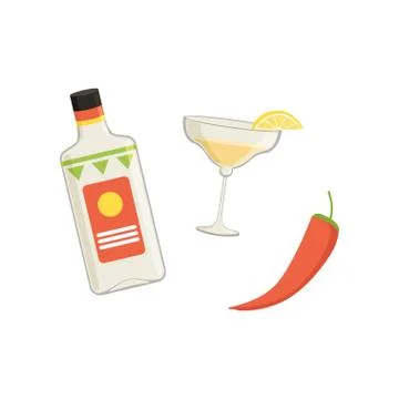 Bottle of tequila, glass with lime slice and chili pepper, traditional symbol of Illustrazione stock