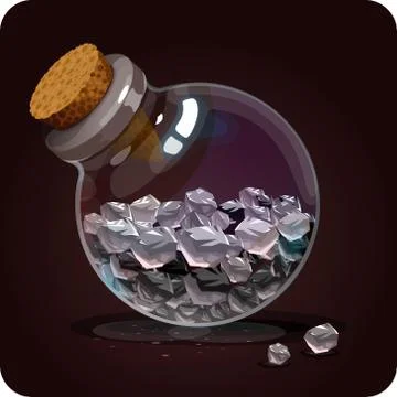 Bottle with transparent crystals.Game icon of magic elixir. Stock Illustration
