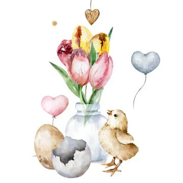 Bottle with tulups flowers. Easter set Spring Bouquet in vase. Floral design. Stock Illustration