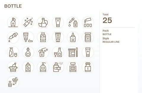Bottle Vector Icon Set with 25 Regular Line 128x128 Pixel Aligned Graphics Stock Illustration