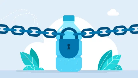 Bottle with water, bubbles moving up. Bottle behind a chain with a closed lock Stock Footage 262163679