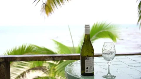 Bottle of white wine in the tropical rain Stock-Footage 84971302