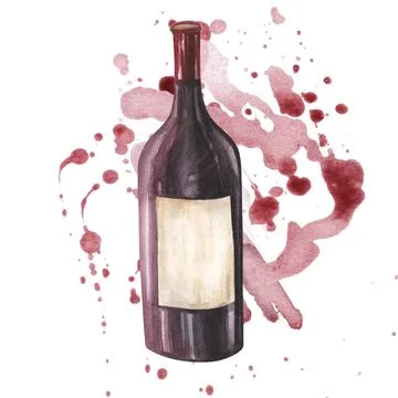 Bottle of wine with abstract splashes. hand drawn watercolor illustration. For Stock Illustration