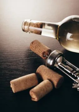 Bottle of wine and corkscrew Stock Photos