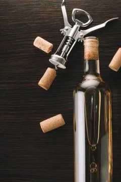 Bottle of wine and corkscrew Stock Photos