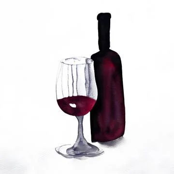 A bottle of wine and a half-empty glass of wine on a white background Stock Illustration