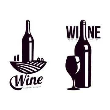 Bottle of wine, background of vineyard field icon 스톡 일러스트