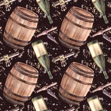 Bottle of wine, barrel, tap, corkscrew with watercolor stains. Seamless pattern Stock Illustration