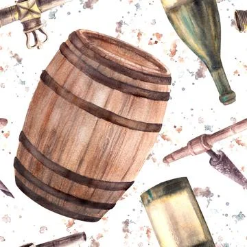 Bottle of wine, barrel, tap, corkscrew with watercolor stains. Seamless pattern Stock Illustration
