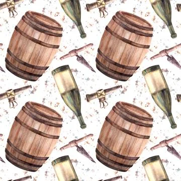 Bottle of wine, barrel, tap, corkscrew with watercolor stains. Seamless pattern Stock Illustration