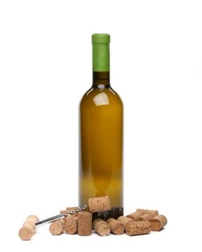 Bottle of wine, corks and corkscrew. Stock Photos