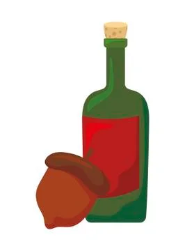 Bottle of wine with hazelnut on white background Stock Illustration