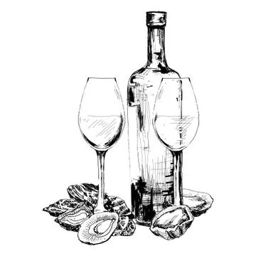 Bottle of wine, oysters and two glasses Stock Illustration