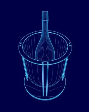 Bottle of wine is placed inside a blue container. The bottle is positioned in Stock Illustration