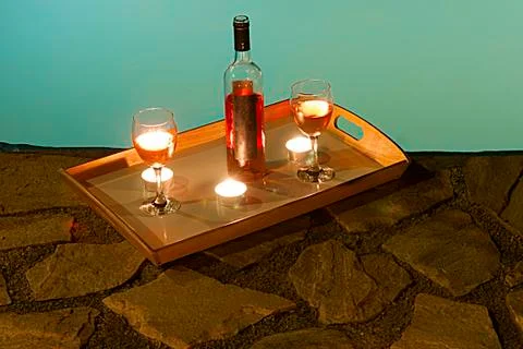 Bottle of wine at poolside Stock Photos