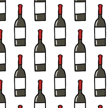Bottle of wine seamless doodle pattern, vector color illustration Stock Illustration
