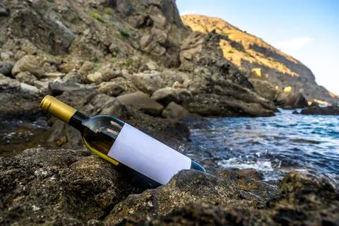 Bottle of wine on the seashore Stock Photos