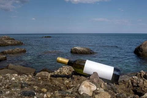 Bottle of wine on the seashore Stock Photos
