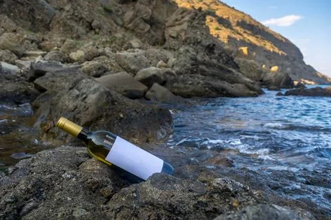 Bottle of wine on the seashore Stock Photos