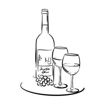 Bottle of wine, two glasses and a basket of grapes. Stock Illustration