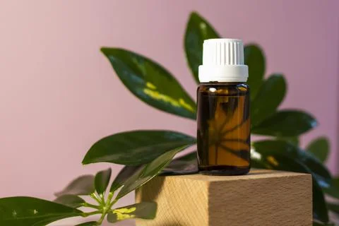 Bottle without label with oil on the stand. Transparent glass container with  Stock Photos