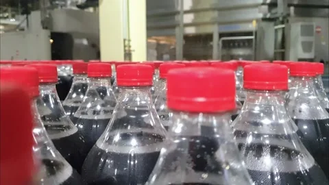 Bottled Drinks on Conveyor System in Beverage Manufacturing Line Stock Footage 316545559