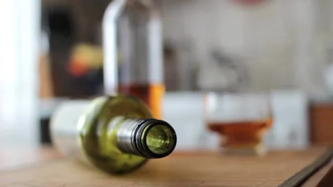Bottles of alcohol on the table after a drinking session Stock Footage 233480609